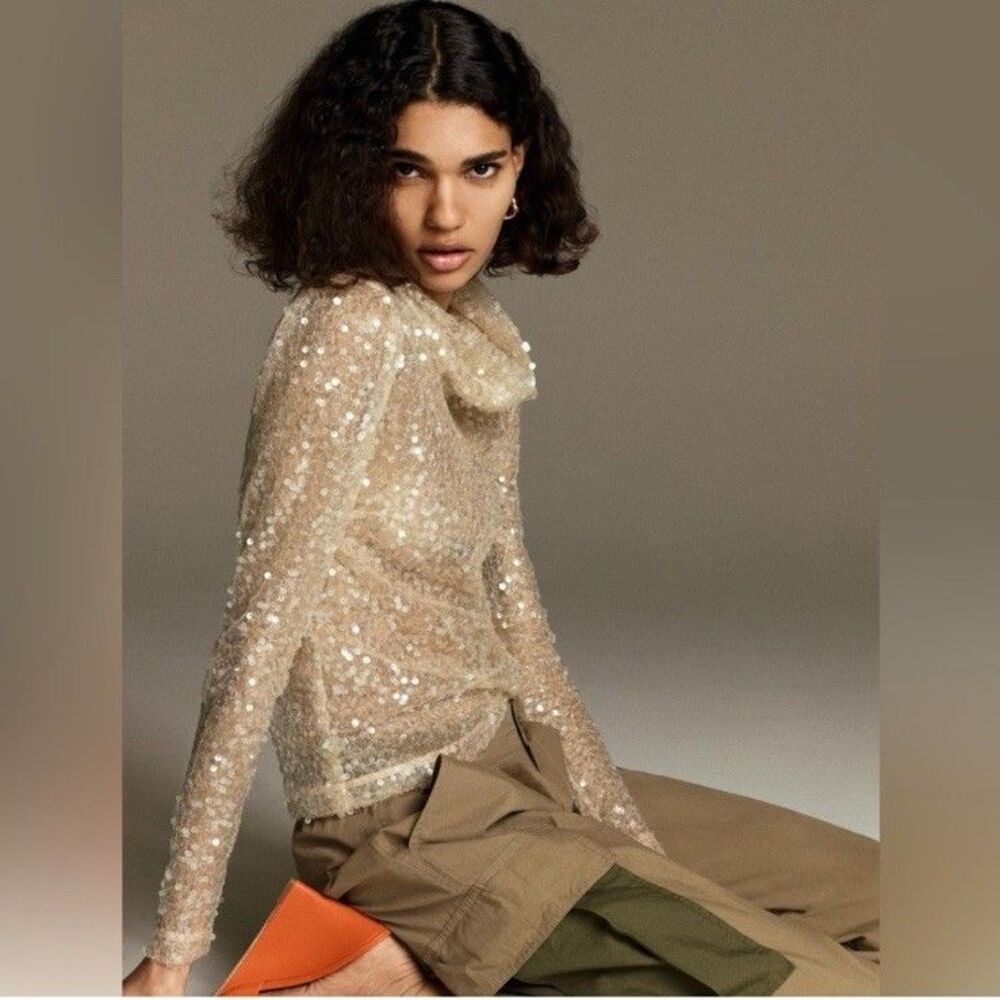Anthropologie XS Sequin Sheer Top Blouse Sunday In Brooklyn Long Sleeve Cream